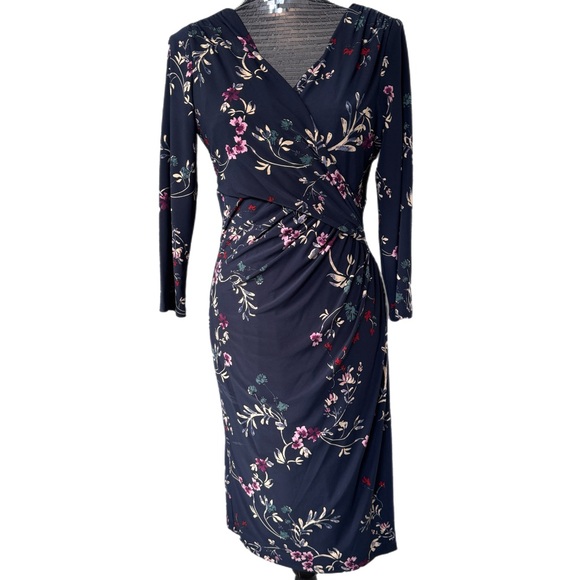 Lauren Ralph Blue Purple Faux Wrap 3/4 Sleeve Jersey Stretch Sheath Dress Sz 8 - Picture 2 of 11